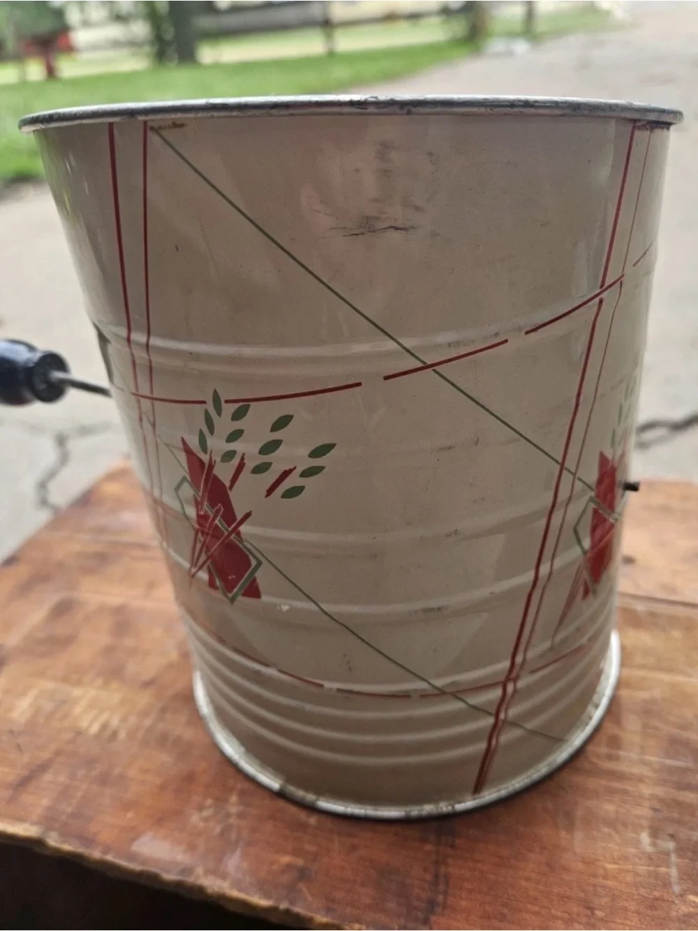 Vintage White Tin Hand Crank Flour Sifter with Red Green Design